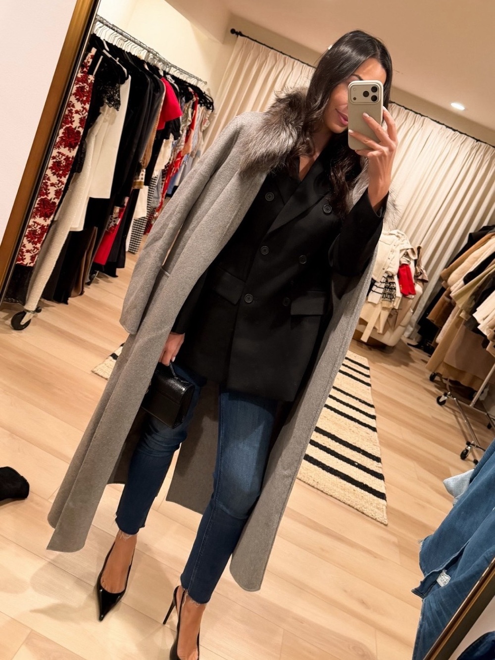 Women’s Gray Wool Coat with Fur Collar